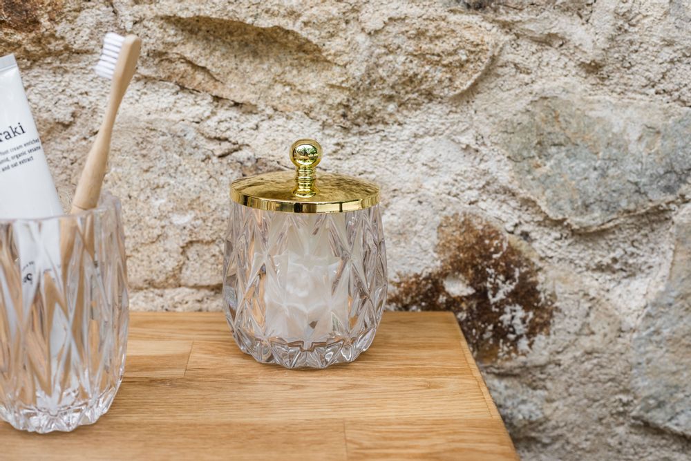 Installation accessories - Rhomb glass and gold cotton pad canister Ø9.5x14 cm BA71076 - ANDREA HOUSE