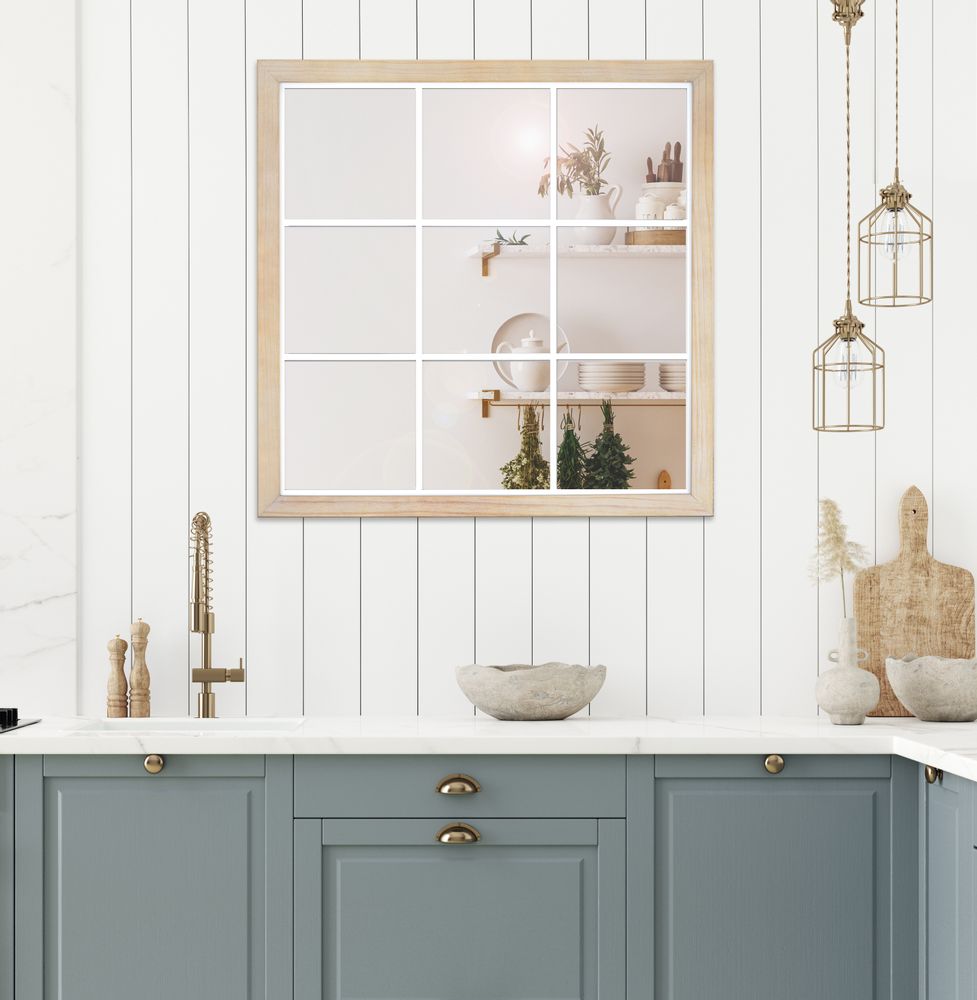 Miroirs - MIROIR 9 VUES BOIS CLAIR ET METAL BLANC 100X100CM - EMDE