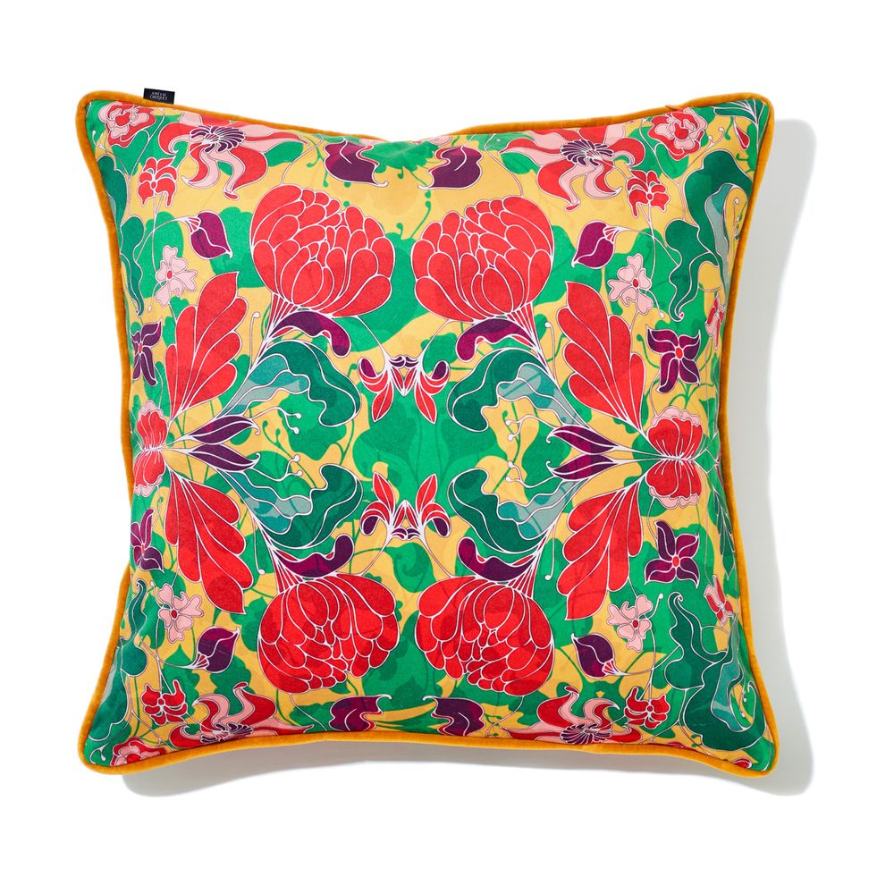 Fabric cushions - Velvet cushion “Au Jardin” yellow - AMÉLIE CHOQUET