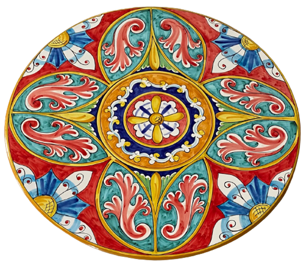 Tables de jardin - Table ronde en grès peint à la main de style Vietri avec pied en fer artistique diamètre 80 cm - CERASELLA CERAMICHE