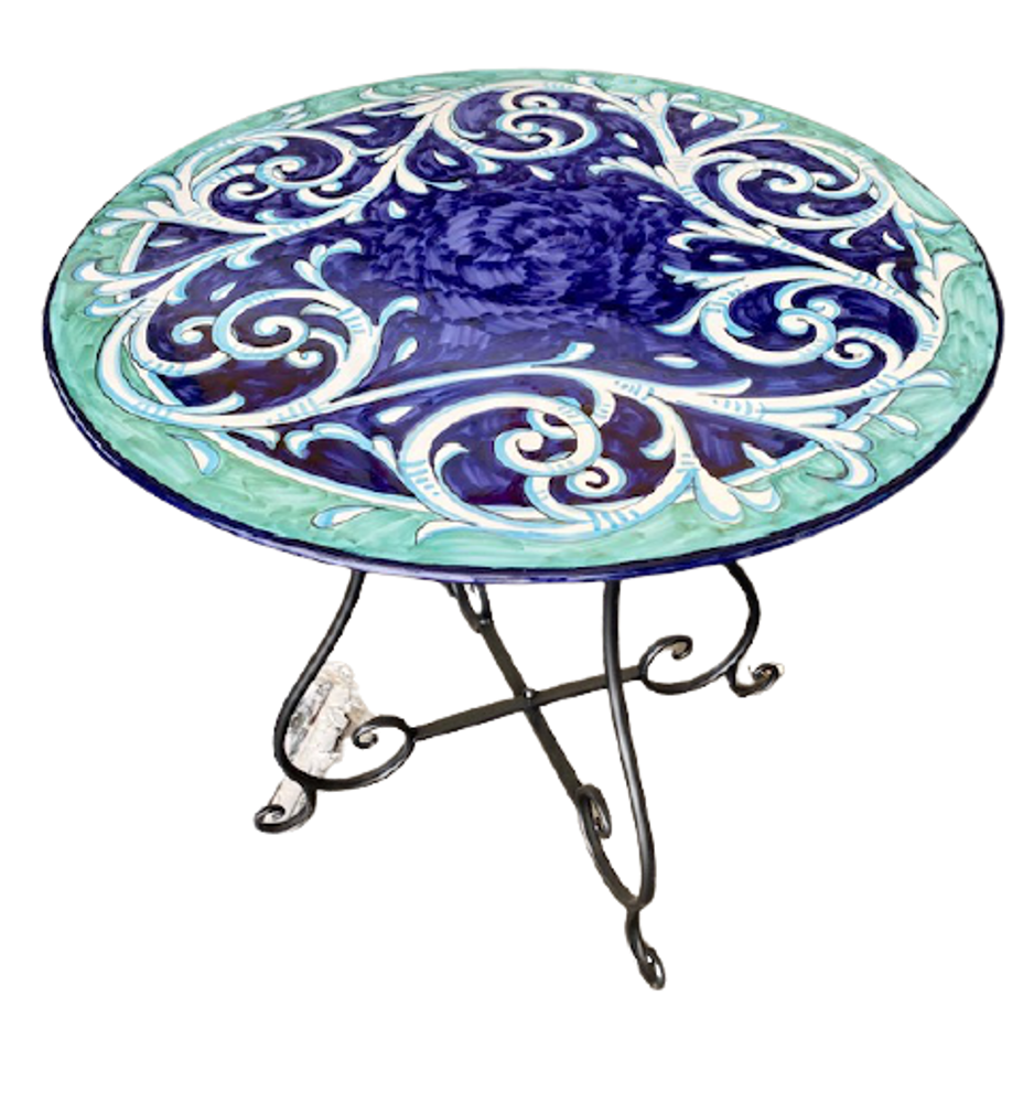 Tables de jardin - Table ronde en grès peint à la main de style Vietri avec pied en fer artistique diamètre 80 cm - CERASELLA CERAMICHE