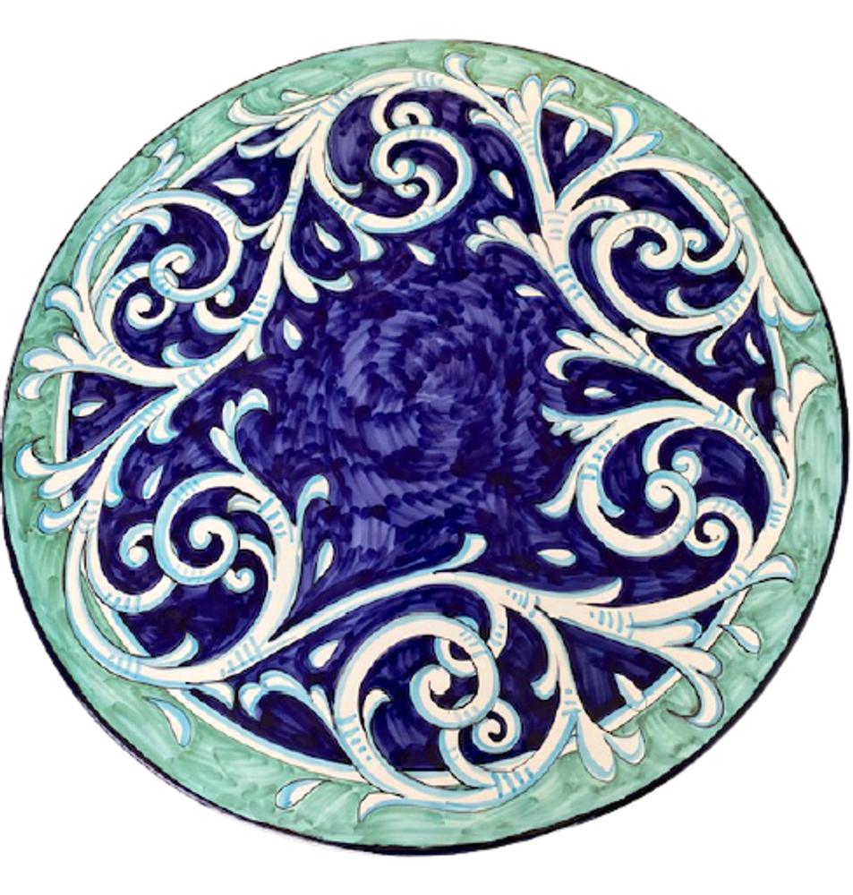 Tables de jardin - Table ronde en grès peint à la main de style Vietri avec pied en fer artistique diamètre 80 cm - CERASELLA CERAMICHE