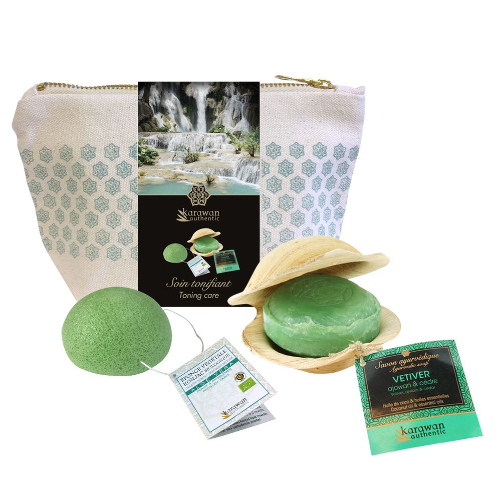 Coffrets et boîtes - TROUSSE CADEAU BIEN-ÊTRE KONJAC ET AYURVÉDA - SOIN TONIFIANT - KARAWAN AUTHENTIC