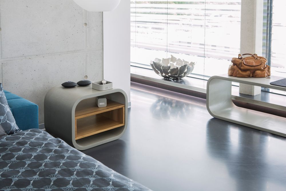Night tables - OPUS PATEO/SECRETO Concrete and Solid Wood Bedside Table/Small Sideboard with shelf/drawer/door - CO33 EXKLUSIVE BETONMÖBEL