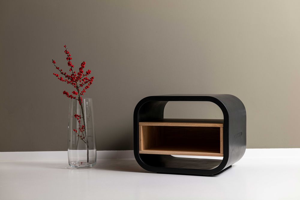 Night tables - OPUS PATEO/SECRETO Concrete and Solid Wood Bedside Table/Small Sideboard with shelf/drawer/door - CO33 EXKLUSIVE BETONMÖBEL