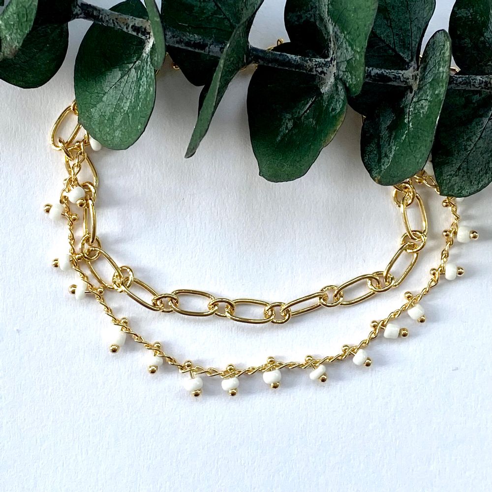 Bijoux - Bracelet double rang, dorées à l'or fin et perle blanche. - NAO JEWELS