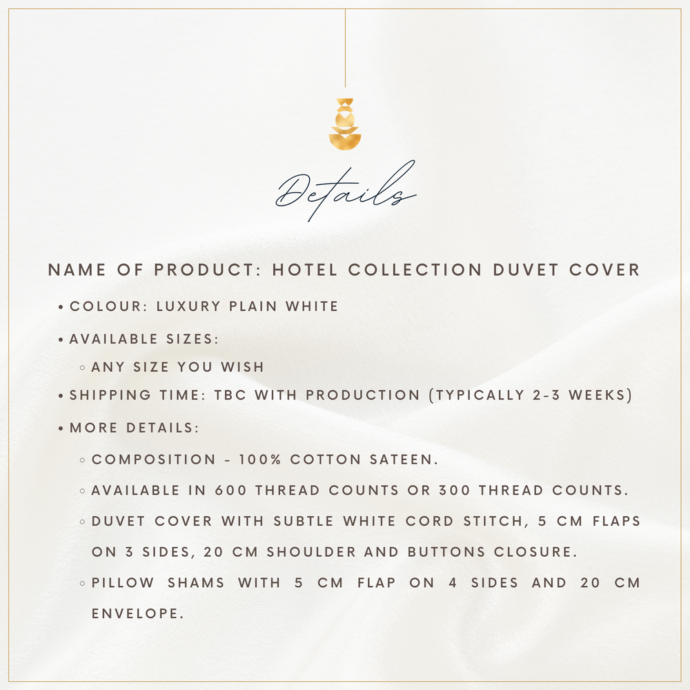 Bed linens - Luxury Plain White Duvet Cover, 300 Thread Counts, 100% Cotton Sateen, Cord Stitch & 5 CM Flap - VIDDA ROYALLE