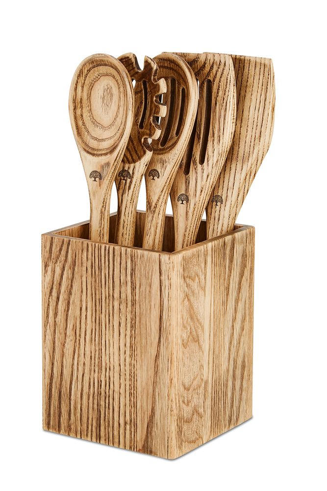 Kitchen utensils - Barbary & Oak Hoxton 5 Piece Ash Wood Utensil Set with Storage Holder - RKW LTD - BARBARY & OAK