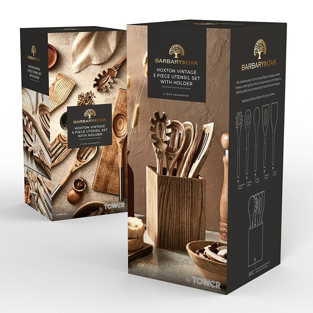 Kitchen utensils - Barbary & Oak Hoxton 5 Piece Ash Wood Utensil Set with Storage Holder - RKW LTD - BARBARY & OAK