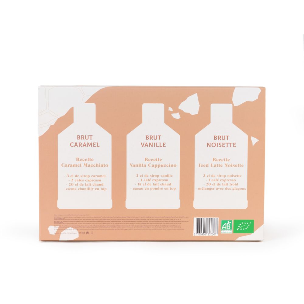 Objets de décoration - Coffret Coffee Barista - 3 Sirops Brut : Caramel, Vanille, Noisette - 3x400 ml - BACANHA