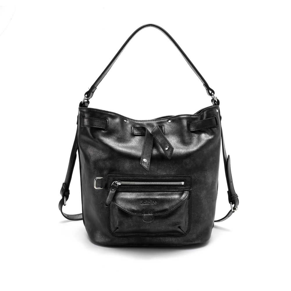 Sacs et cabas - Sac seau en cuir porté épaule ou bandoulière NEYLA en cuir noir argent - KATE LEE