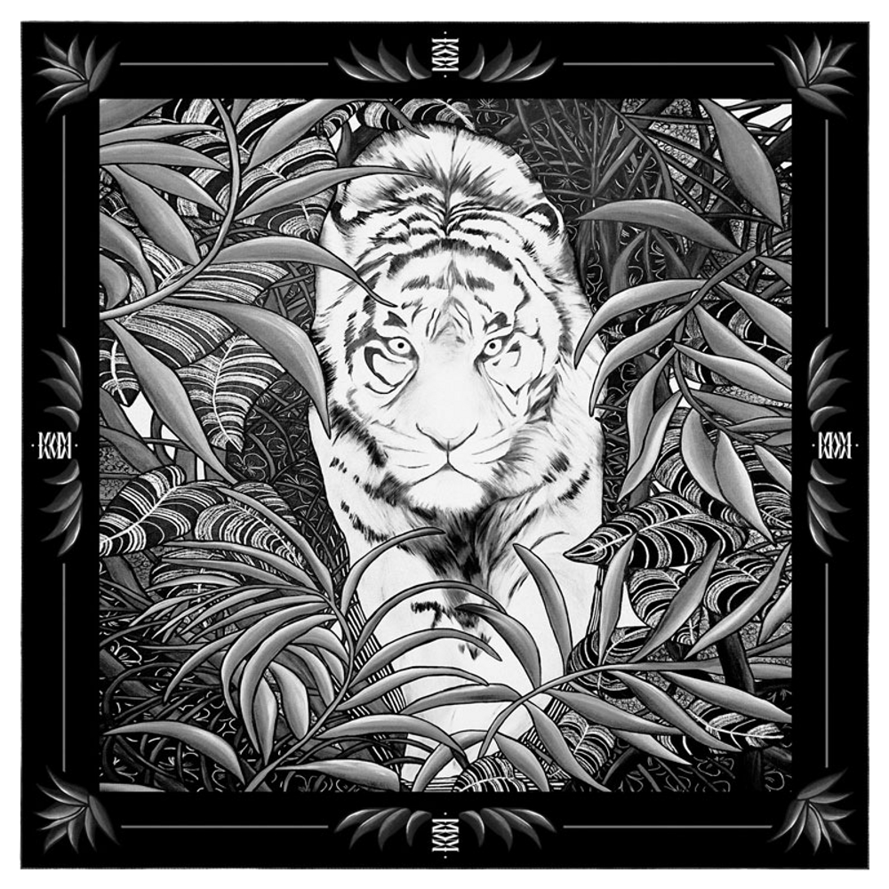 Foulards et écharpes - Foulard / carré imprimé 100 % twill de soie - LEGEND BLACK & WHITE 90 x 90 cm - roulotté à la française - Maison Fétiche - MAISON FÉTICHE