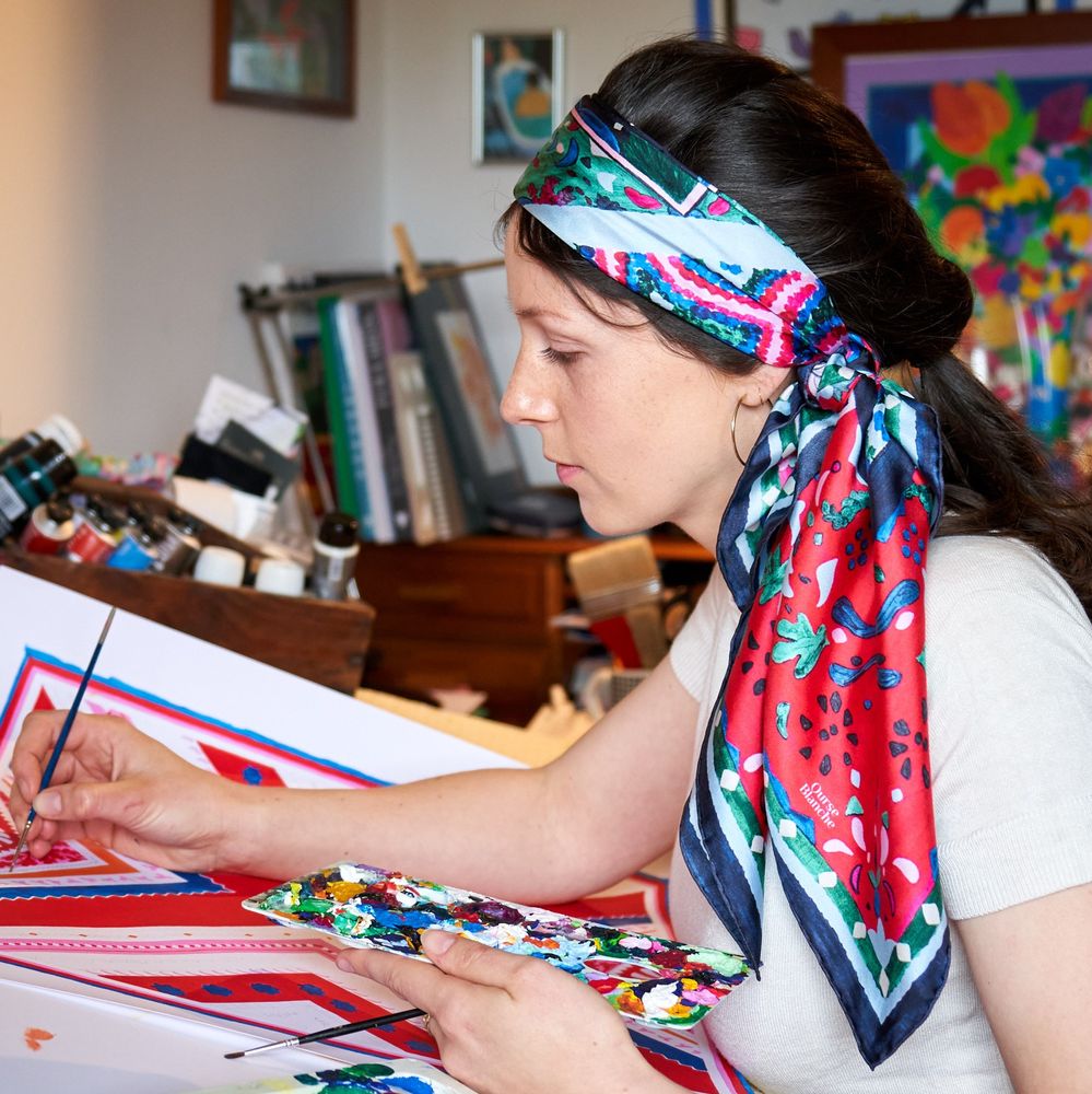 Foulards et écharpes - Grand carré de soie 90 x 90 cm - Pompon - soie française GOTS - OURSE BLANCHE