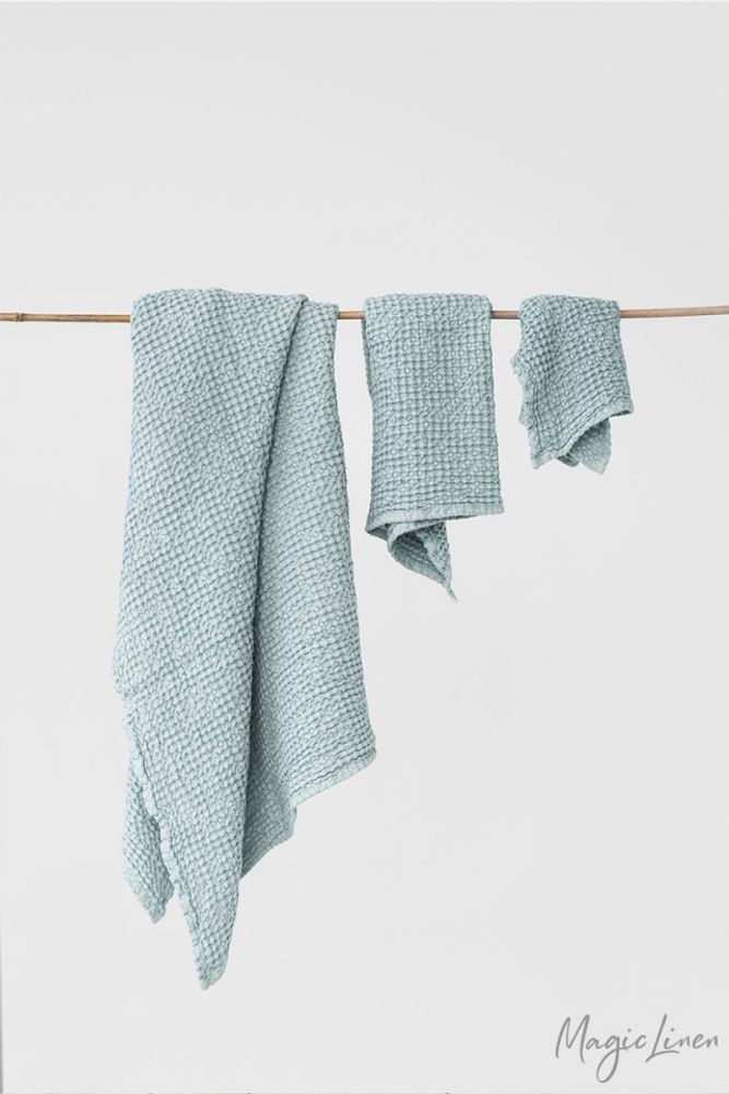 Bath towels - Dusty Blue linen waffle towel set - MAGICLINEN