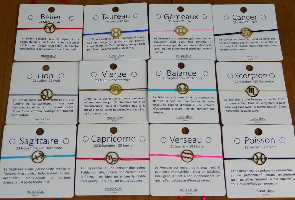 Bijoux - Bracelets Messages et/ou Signes Astrologiques sur carte - NUSA DUA BIJOUX