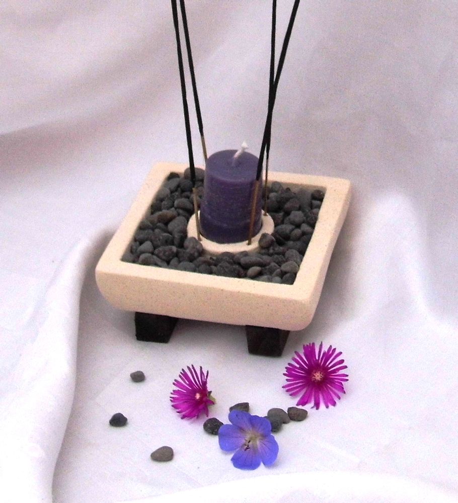 Bougeoirs et photophores  - BOUGEOIR EN PIERRE ET PORTE ENCENS - DECOETHNIQUE