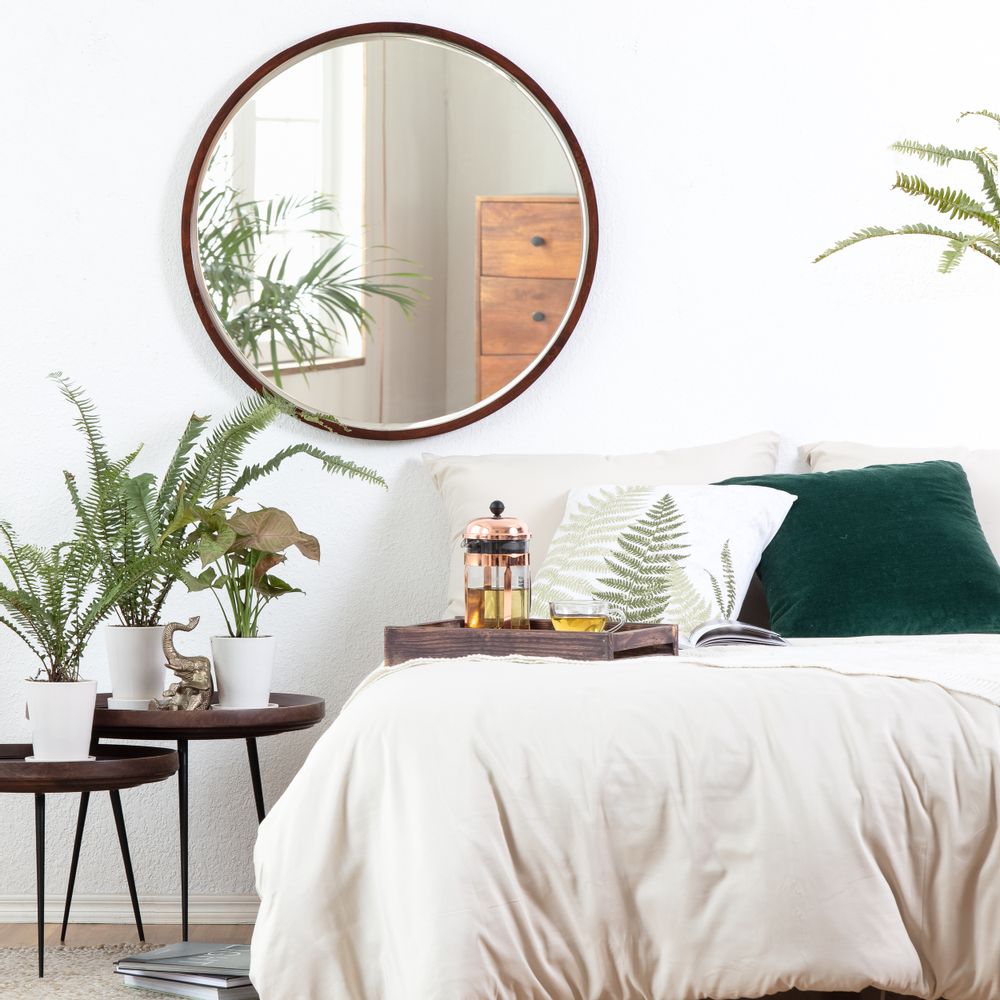 Mirrors - Stewart Modern Bevelled Wall Mirror - Walnut 29.5 Inch - MH LONDON
