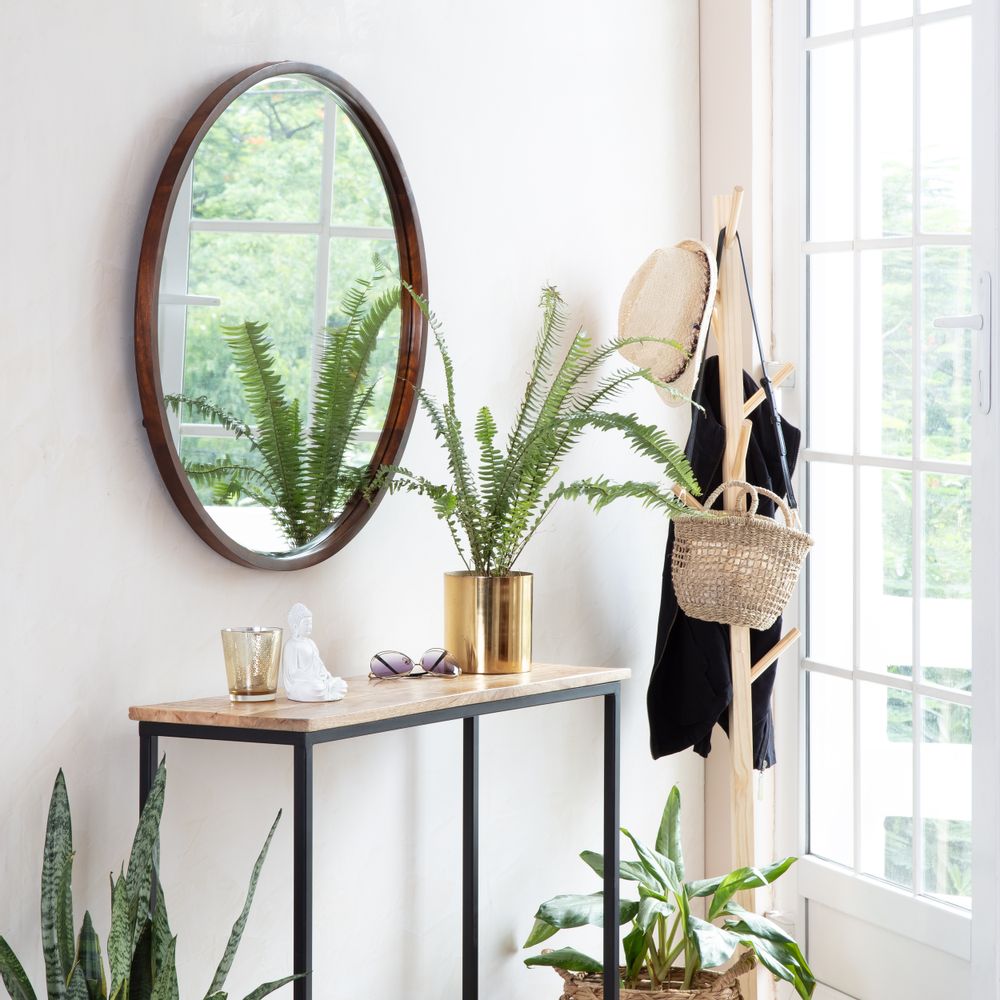 Mirrors - Stewart Modern Bevelled Wall Mirror - Walnut 29.5 Inch - MH LONDON