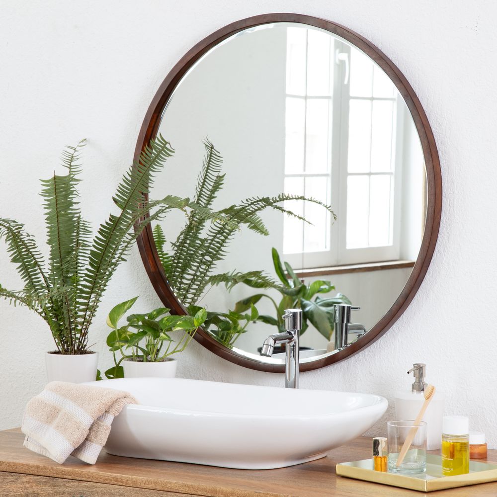 Mirrors - Stewart Modern Bevelled Wall Mirror - Walnut 29.5 Inch - MH LONDON