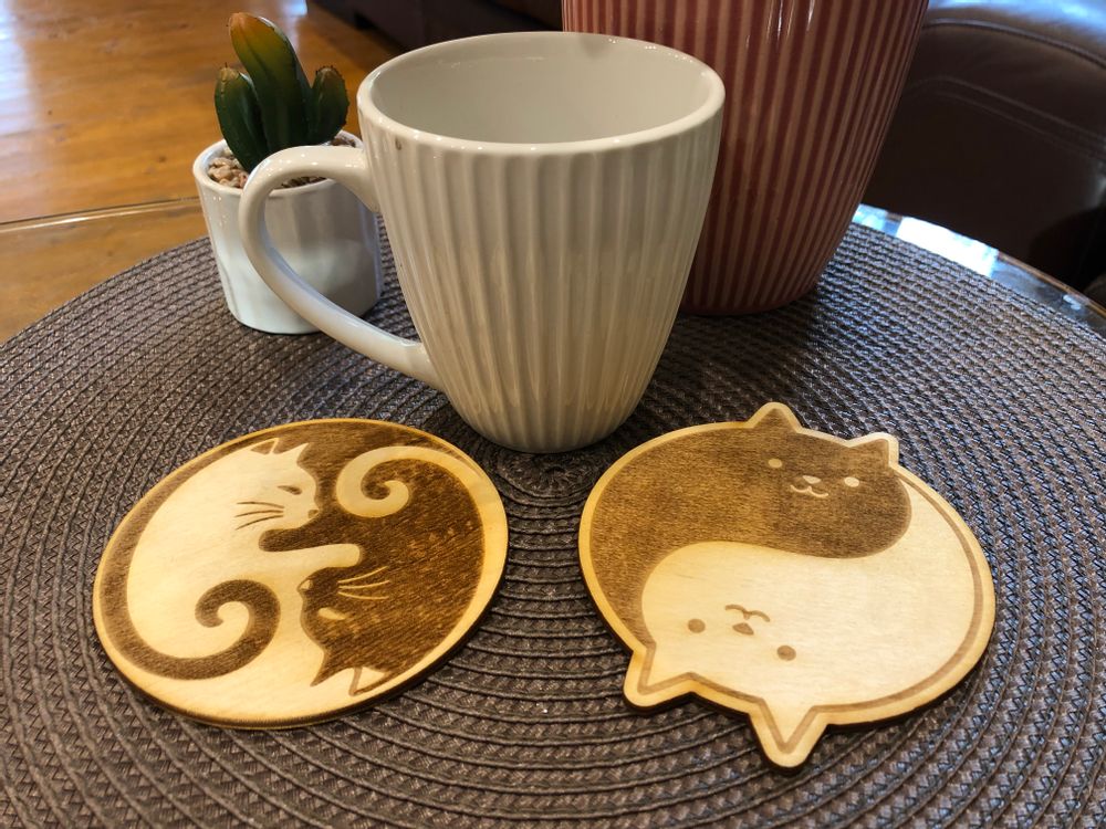 Gifts - Set of 8 Wooden Cat Coasters Housewarming Gift - BHDECOR