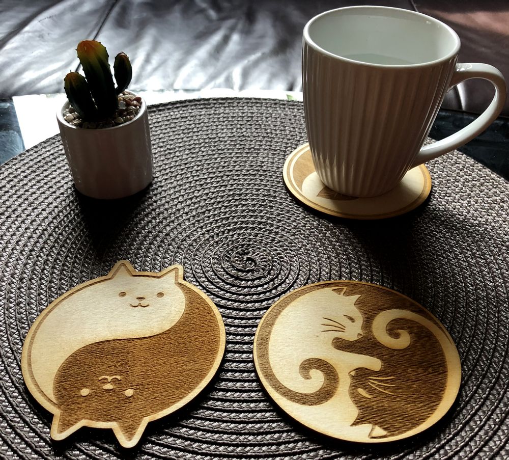 Gifts - Set of 8 Wooden Cat Coasters Housewarming Gift - BHDECOR