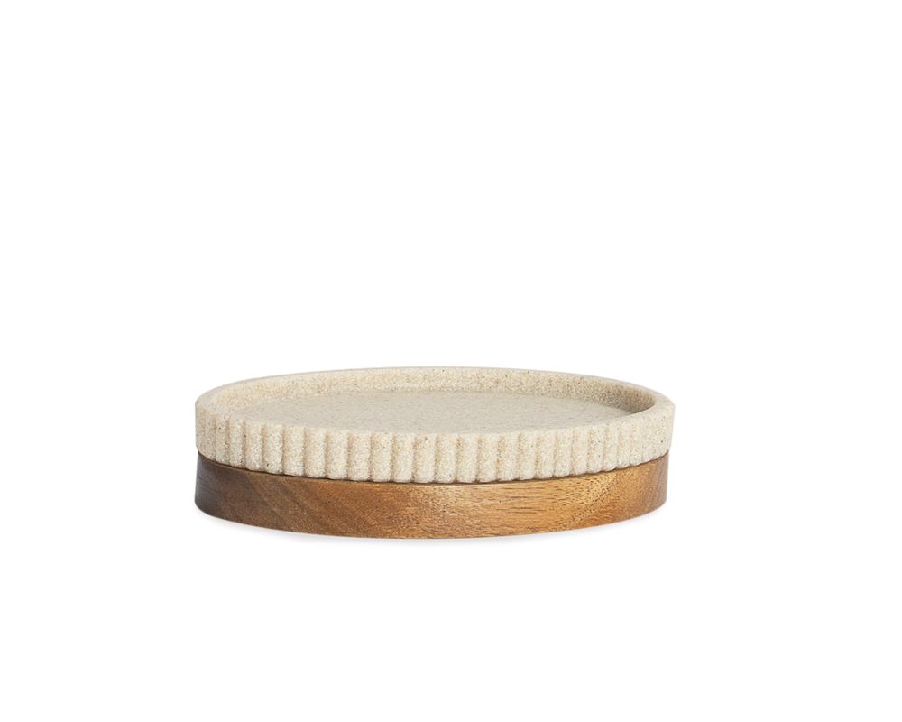 Soap dishes - Beige polyresin and acacia wood. Stripes soap dish 14x9.5x3 cm BA22101 - ANDREA HOUSE