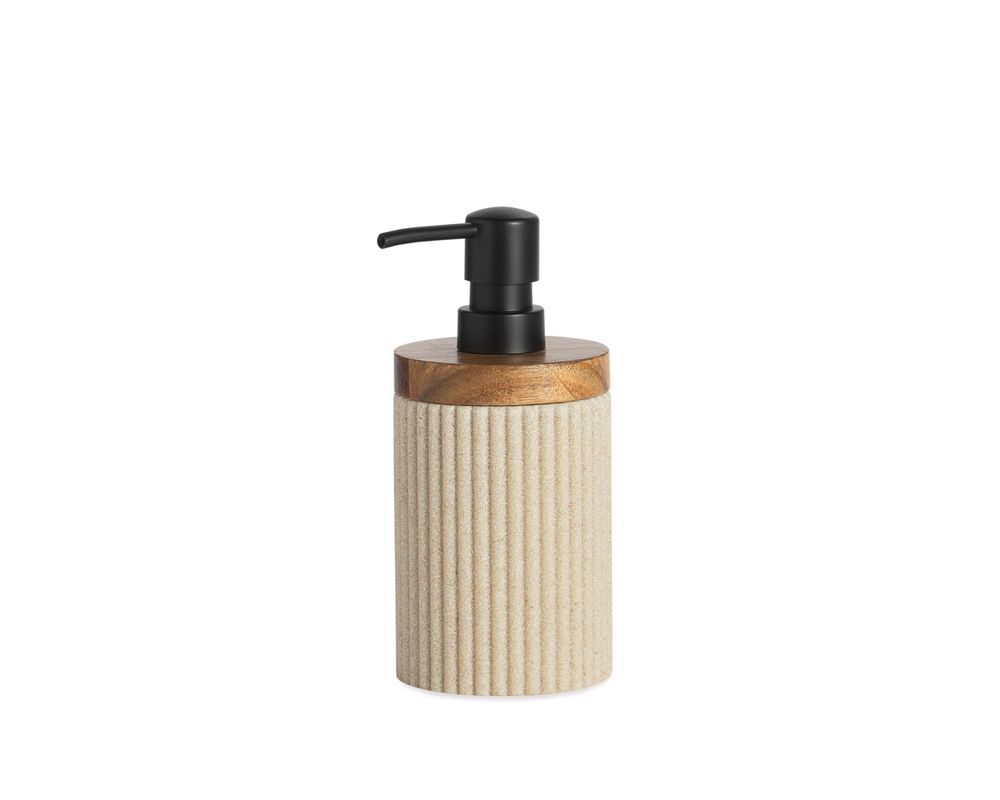 Installation accessories - Beige polyresin and acacia wood. Stripes soap dispenser Ø8x18 cm BA22104 - ANDREA HOUSE