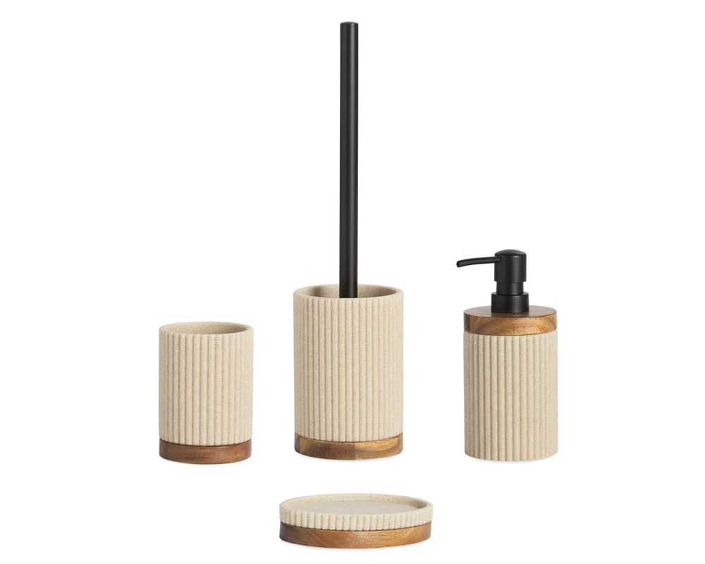 Installation accessories - Beige polyresin and acacia wood. Stripes soap dispenser Ø8x18 cm BA22104 - ANDREA HOUSE