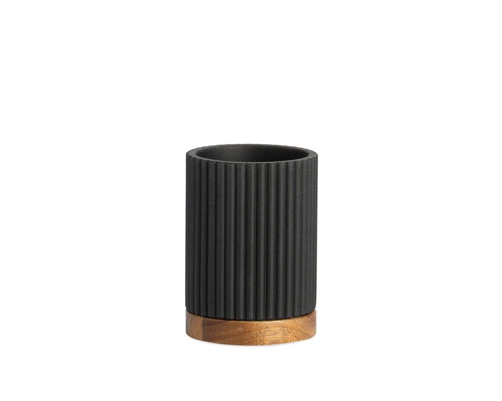 Accessoires à poser - Polyrésine noire et bois d'acacia. Porte-brosse à dents Stripes Ø8x11 cm BA22113 - ANDREA HOUSE