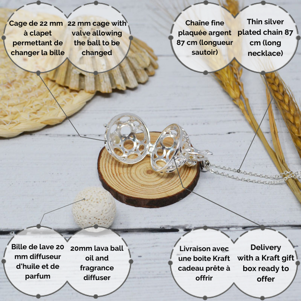 Diffuseurs de parfums - Collier diffuseur cage argent - ANDREA (chaine sautoir/bille lave blanche) - IRRÉVERSIBLE