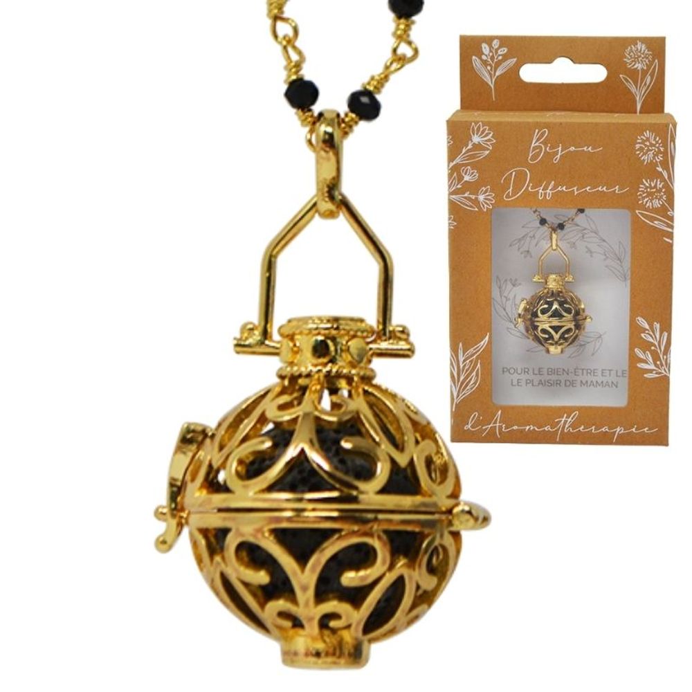 Diffuseurs de parfums - Collier diffuseur cage or - LIA (Saut.perlé crist.Noir/bille lave noire) - IRRÉVERSIBLE