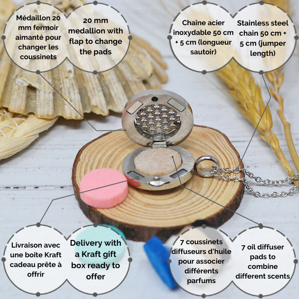 Diffuseurs de parfums - Collier diffuseur médaillon - FLEUR DE VIE (7 patins en feutre) - IRRÉVERSIBLE