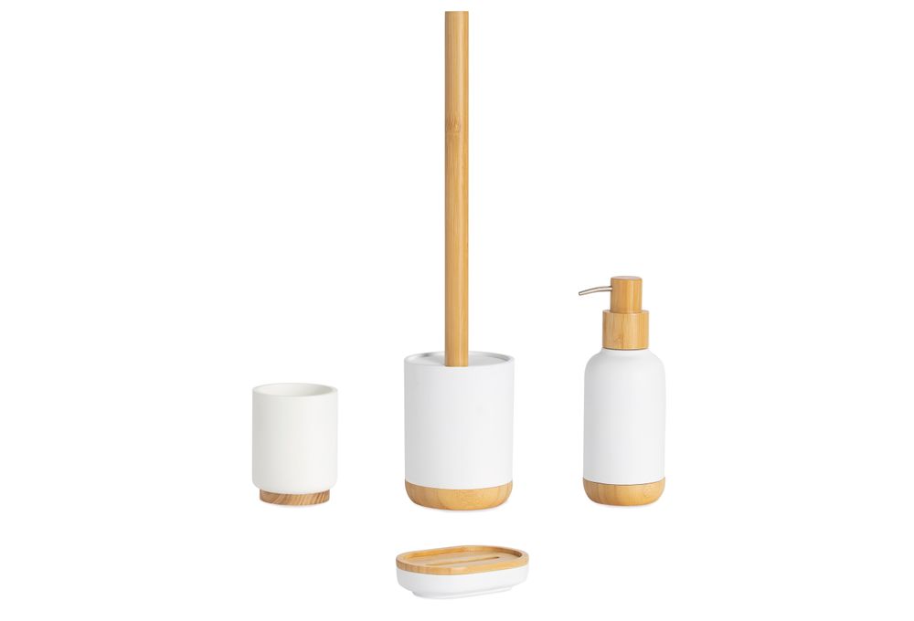 Accessoires à poser - Distributeur de savon en polyrésine blanche et bois de bambou Ø7x19 cm BA22154 - ANDREA HOUSE