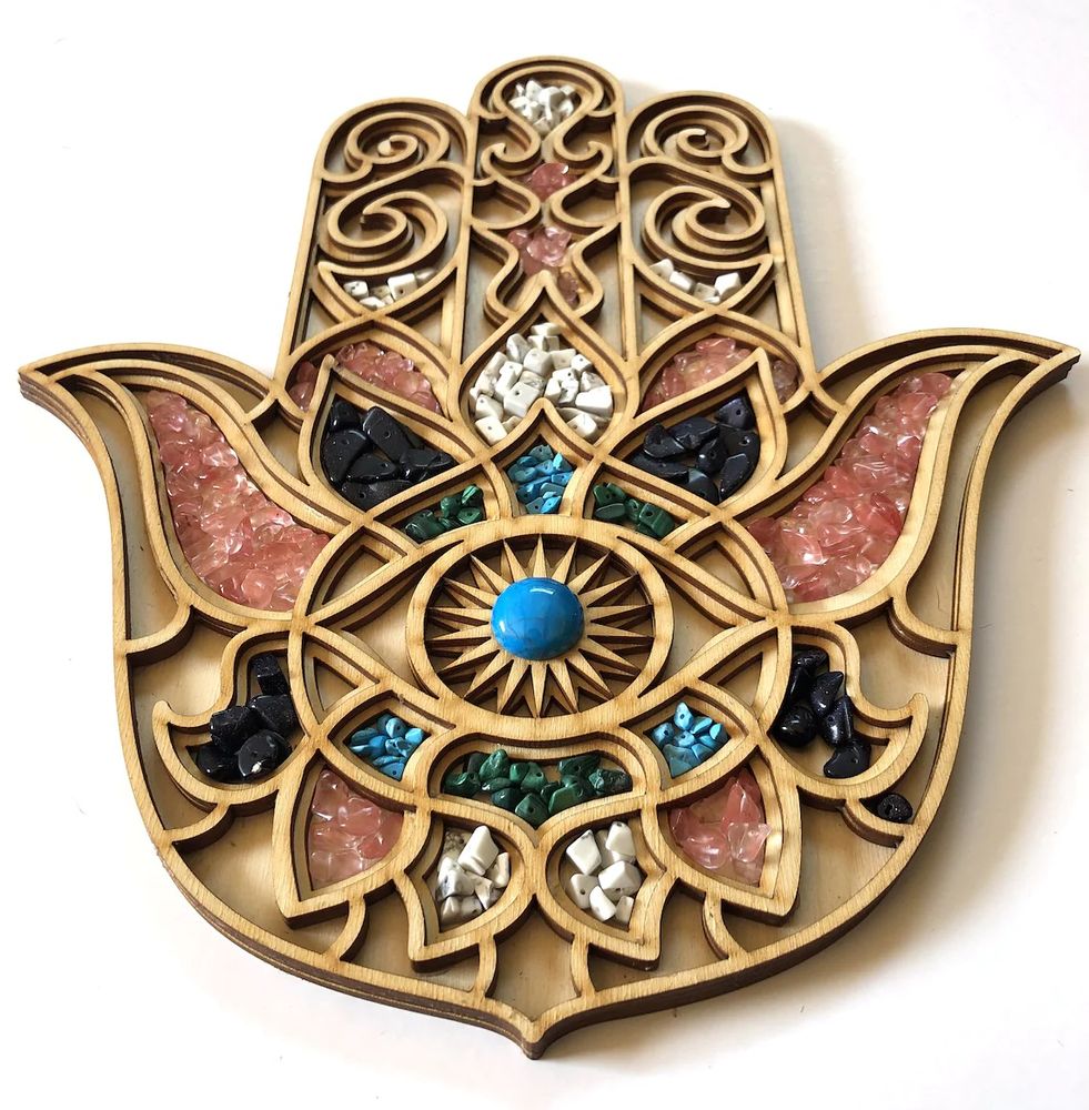 Other wall decoration - HAMSA WALL DÉCOR - Painted Mandala Art - Plywood Gemstone Hamsa Art For Wall Hanging - BHDECOR