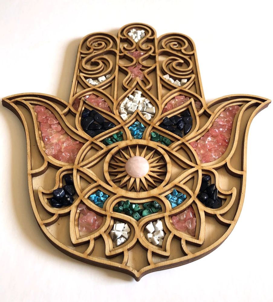 Other wall decoration - HAMSA WALL DÉCOR - Painted Mandala Art - Plywood Gemstone Hamsa Art For Wall Hanging - BHDECOR
