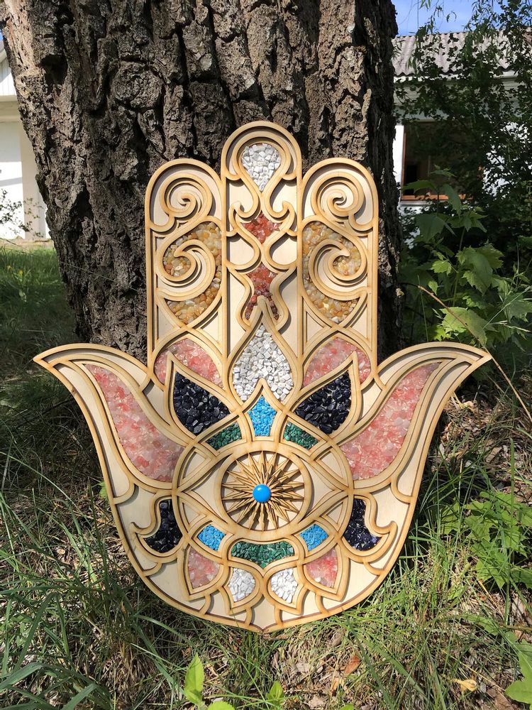 Other wall decoration - HAMSA WALL DÉCOR - Painted Mandala Art - Plywood Gemstone Hamsa Art For Wall Hanging - BHDECOR