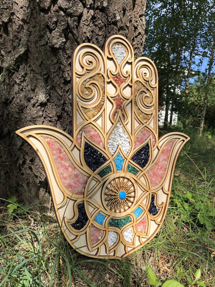 Other wall decoration - HAMSA WALL DÉCOR - Painted Mandala Art - Plywood Gemstone Hamsa Art For Wall Hanging - BHDECOR