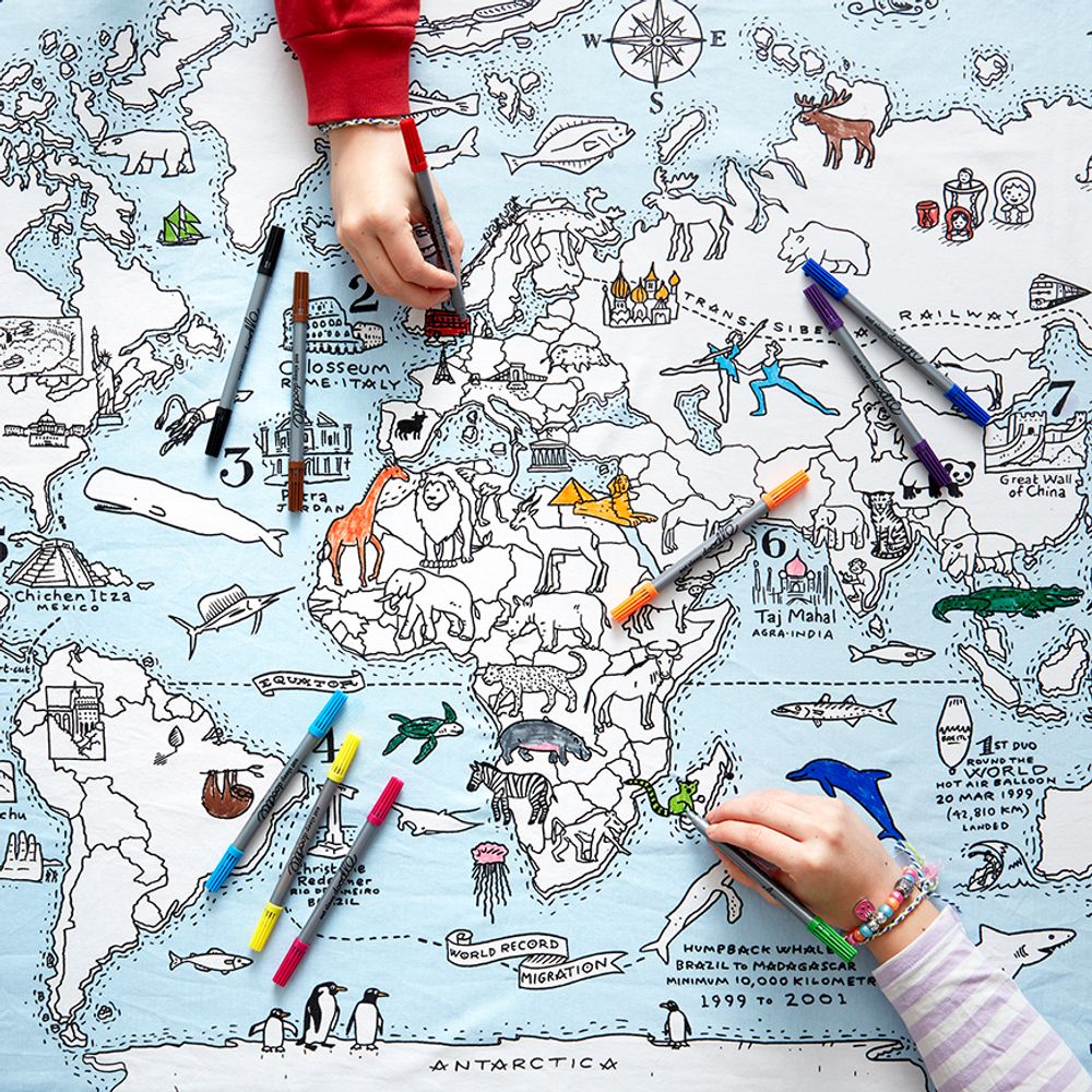 Table cloths - colour-in world map tablecloth - EATSLEEPDOODLE