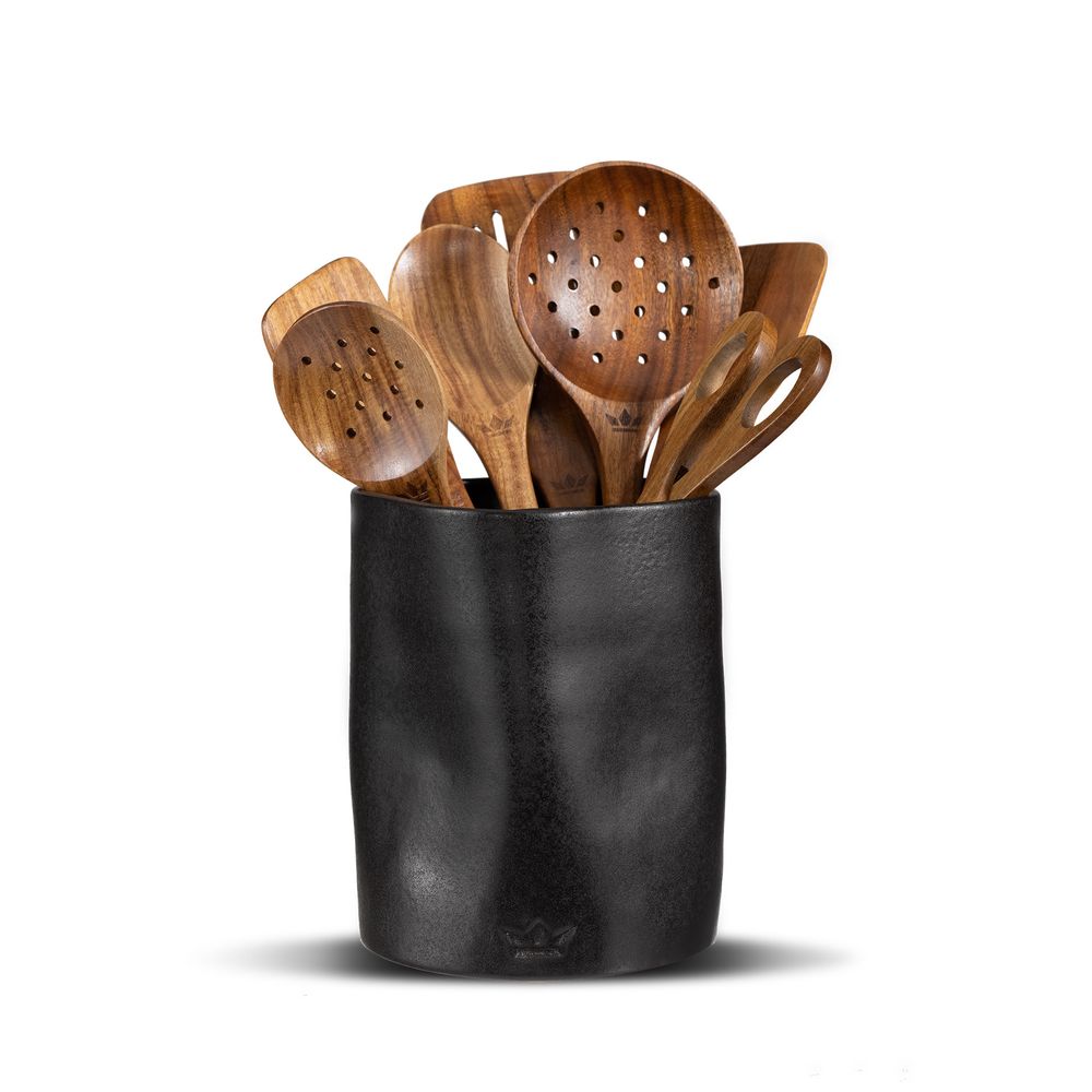 Couverts & ustensiles de cuisine - Porte-ustensiles de Cuisine, Dented Crock, Céramique - Noir mat - DUTCHDELUXES INTERNATIONAL BV