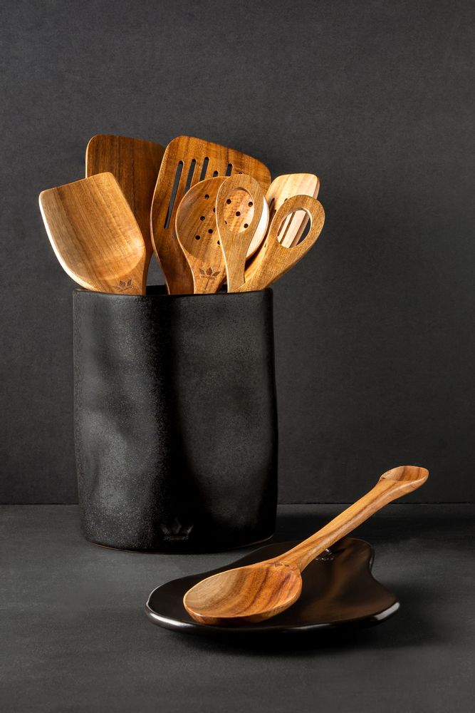 Couverts & ustensiles de cuisine - Porte-ustensiles de Cuisine, Dented Crock, Céramique - Noir mat - DUTCHDELUXES INTERNATIONAL BV