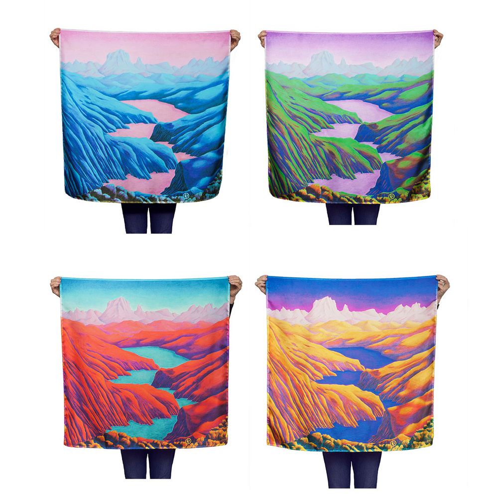 Scarves - Square silk scarf, “Rêves Martiens” collection, red blue turquoise - CÉLINE DOMINIAK