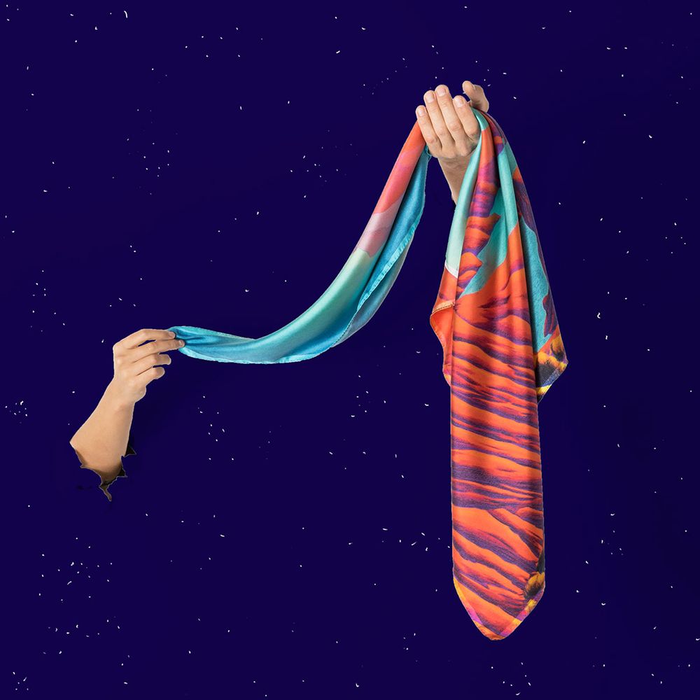 Scarves - Square silk scarf, “Rêves Martiens” collection, red blue turquoise - CÉLINE DOMINIAK
