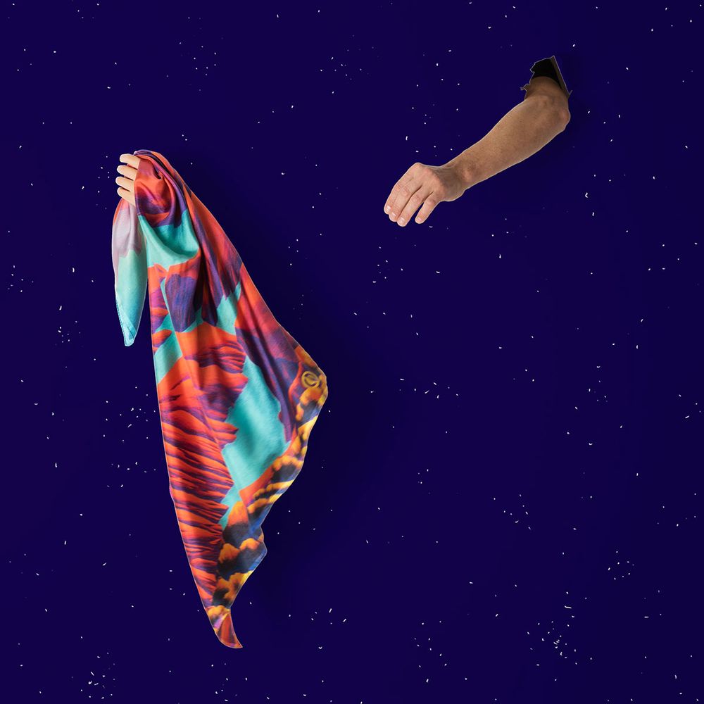 Scarves - Square silk scarf, “Rêves Martiens” collection, red blue turquoise - CÉLINE DOMINIAK