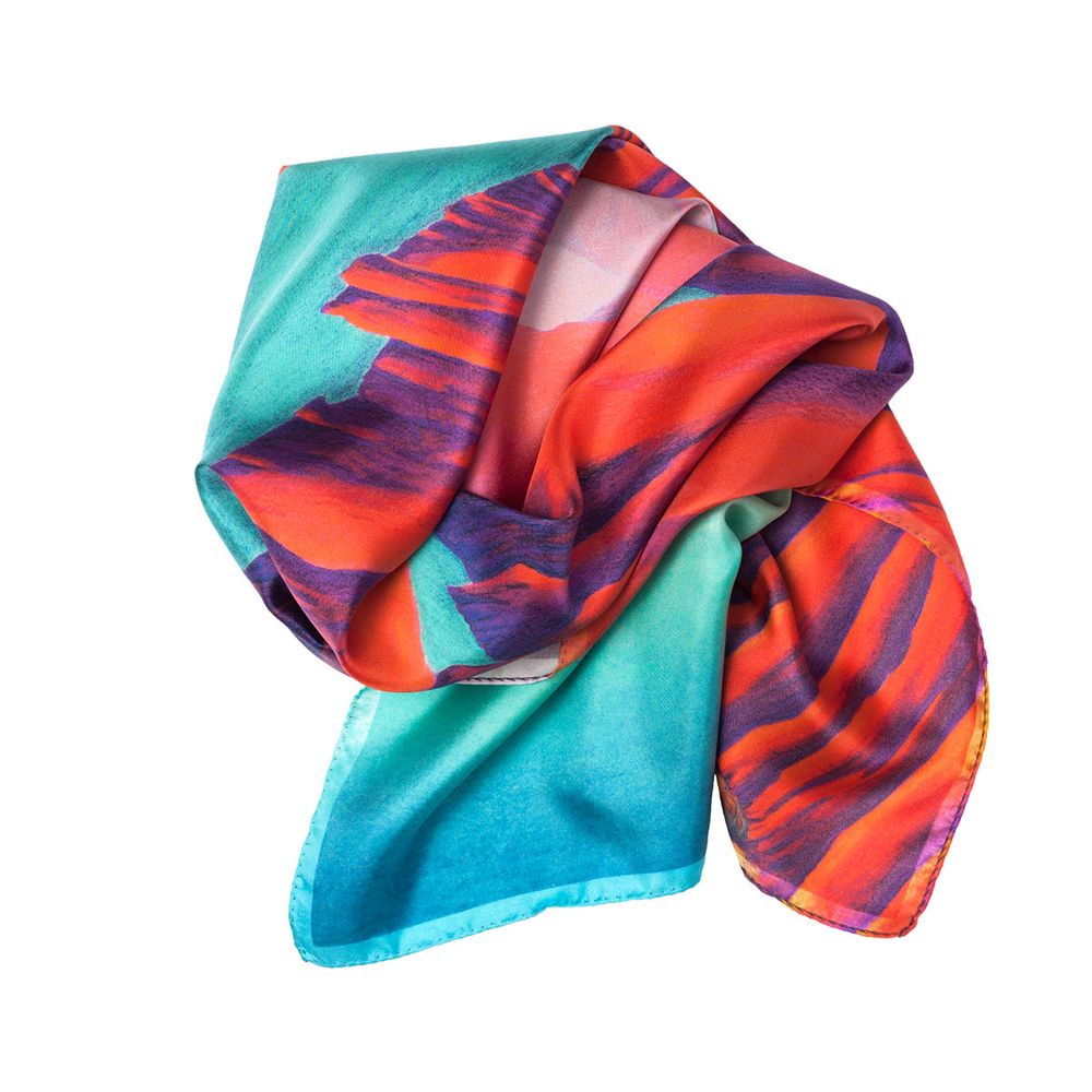 Scarves - Square silk scarf, “Rêves Martiens” collection, red blue turquoise - CÉLINE DOMINIAK