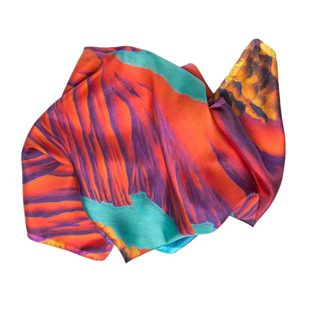 Scarves - Square silk scarf, “Rêves Martiens” collection, red blue turquoise - CÉLINE DOMINIAK