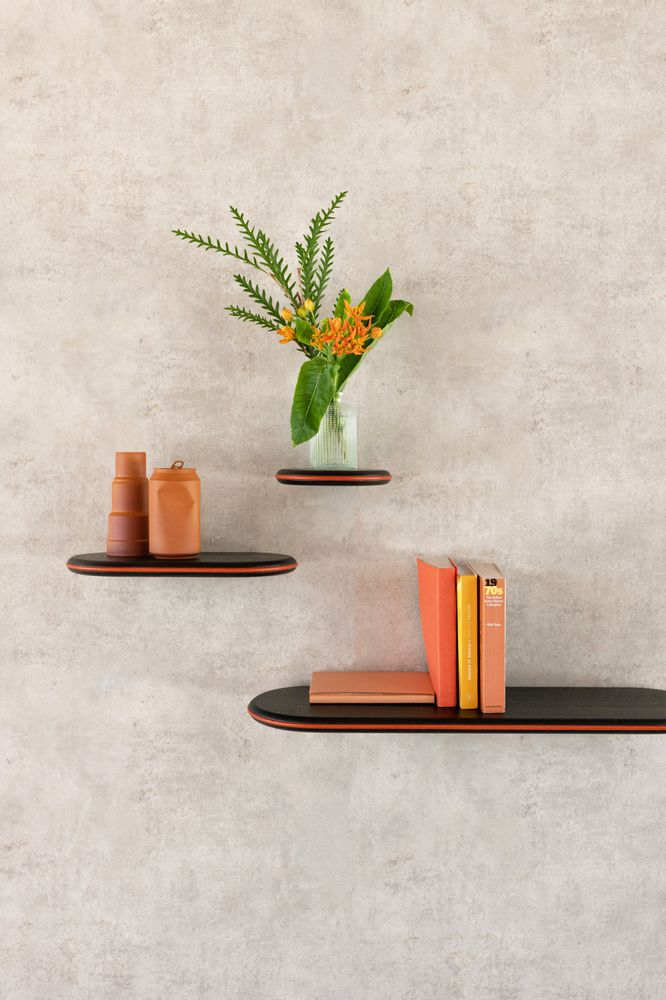 Shelves - Floating shelf black stained ash - leather trim - Set 1 - MADEMOISELLE JO