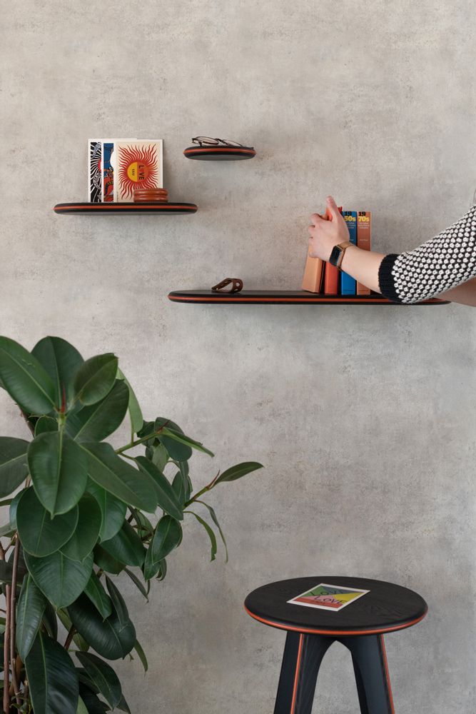 Shelves - Floating shelf black stained ash - leather trim - Set 1 - MADEMOISELLE JO
