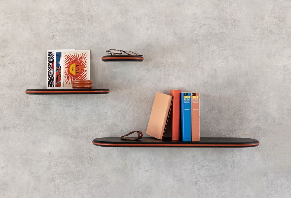 Shelves - Floating shelf black stained ash - leather trim - Set 1 - MADEMOISELLE JO