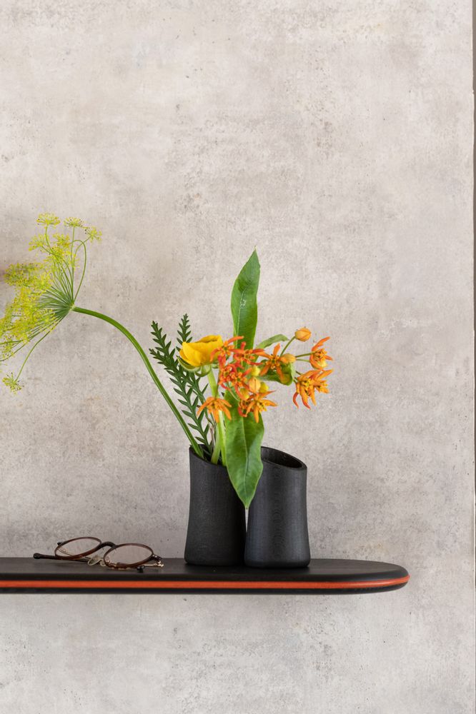Office furniture and storage - Floating shelf black stained ash - leather trim - Set 2 - MADEMOISELLE JO