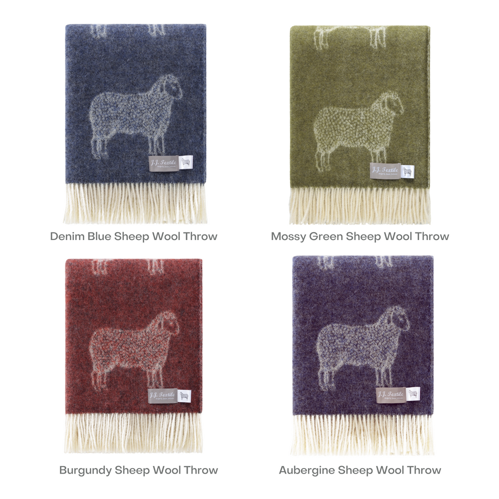 Throw blankets - NEW Sheep Pure Wool Throw - Available in Blue, Green Burgundy and Aubergine - 130 x 190 cm - J.J. TEXTILE LTD